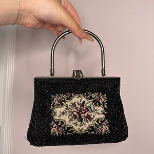 Vintage unique top clasp top handle embroidered beaded bag